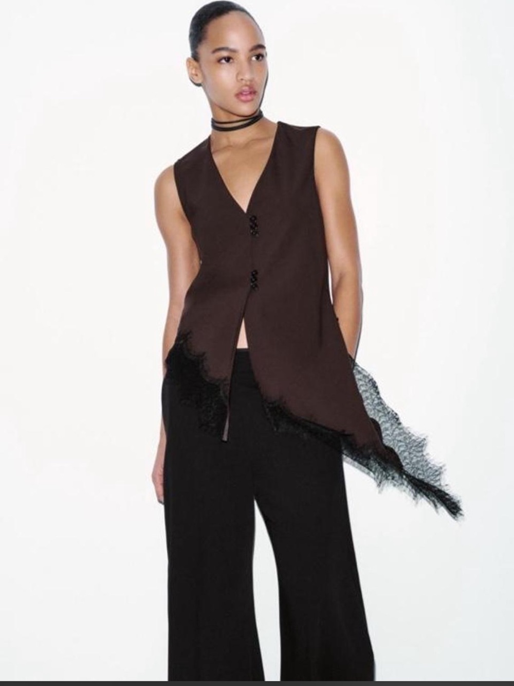 Zara Chocolate Brown Sleeveless V-Neck Lace-Trim Tunic